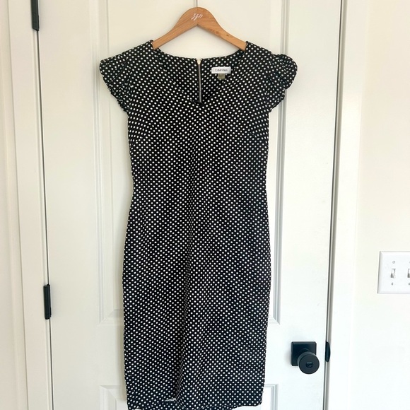 Calvin Klein Polka Dot Dress Black White PuffCap Sleeve V Neck Size 6 - Picture 1 of 3